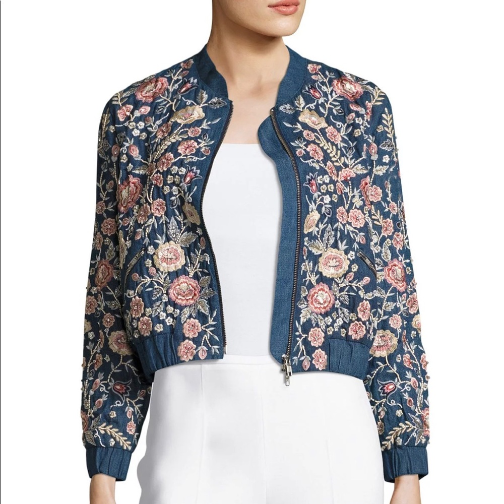 Needle & Thread Sundaze Embroidered Denim Bomber Jacket, Blue